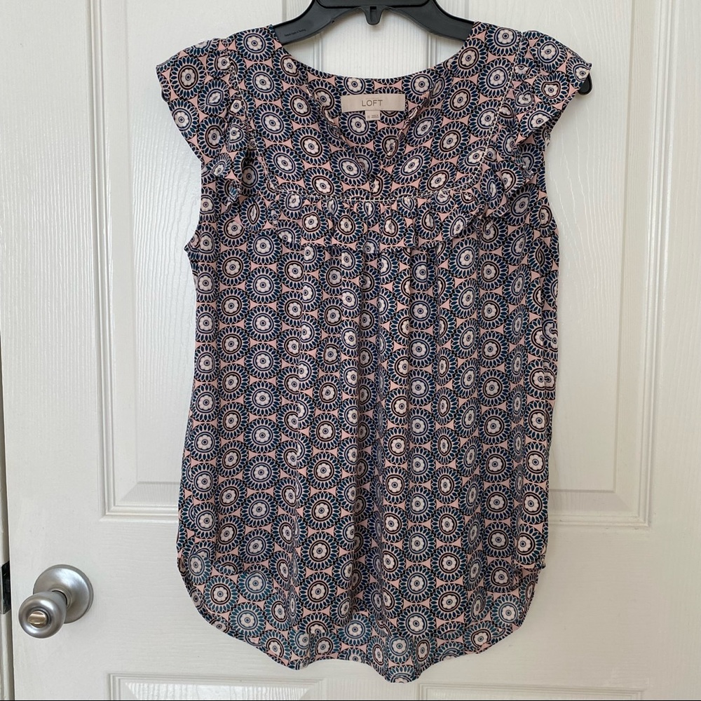LOFT - Floral Ruffle Cap Sleeve Split-Neck Top